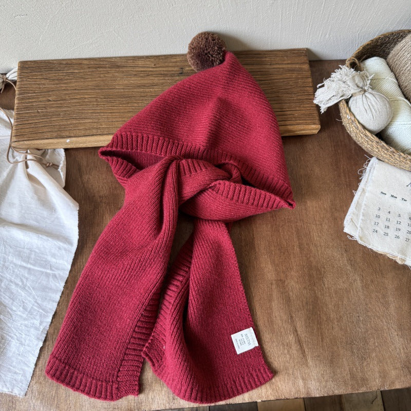 ポンポンフード付きマフラー