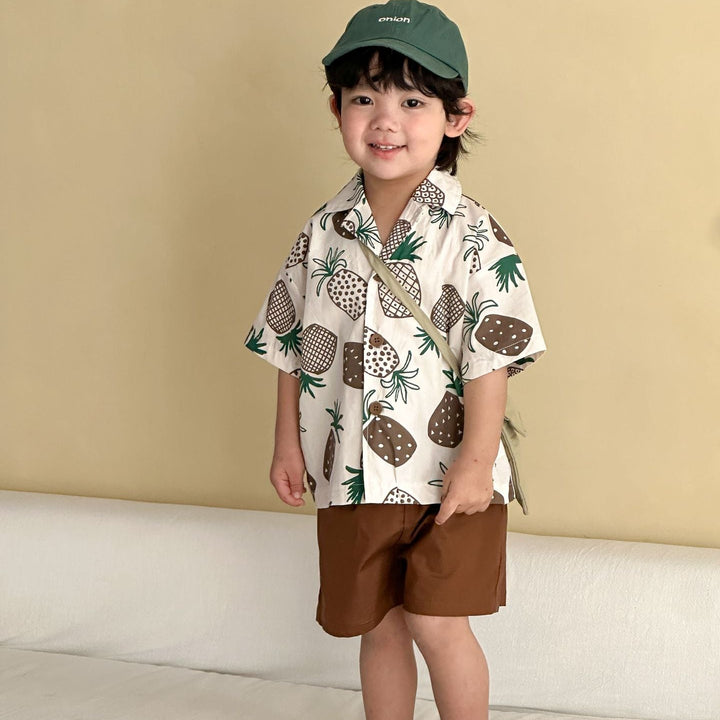 【80-150】パイナップル柄シャツ×ハーフパンツセット