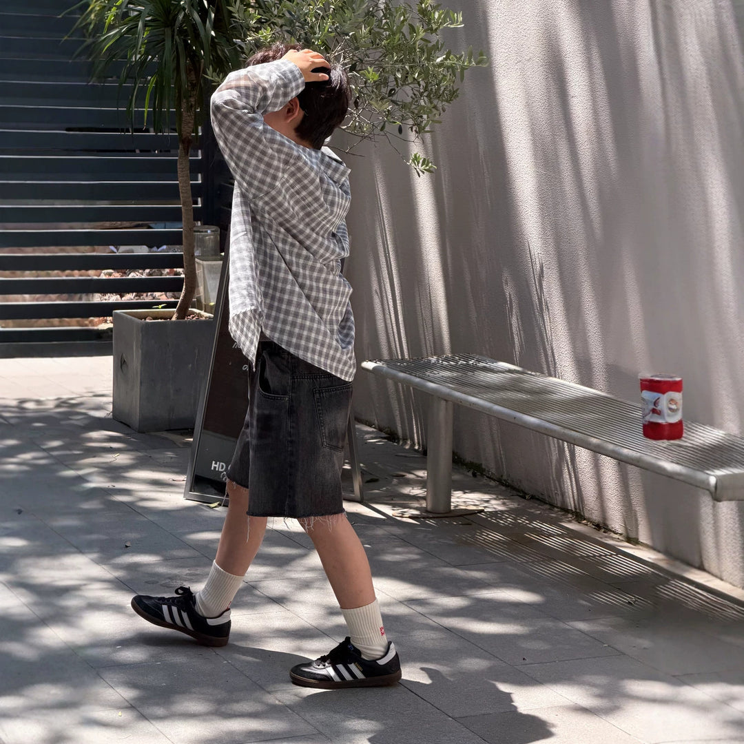 【100-150】カットオフデザインハーフデニムパンツ