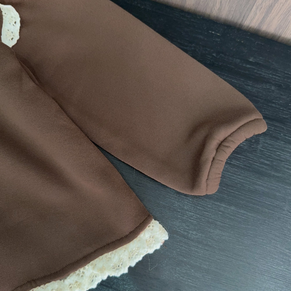 【100-140】レースデザインフーディーパーカー×ロングパンツセット