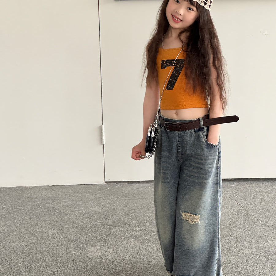 【100-150】クラッシュワイドデニムパンツ