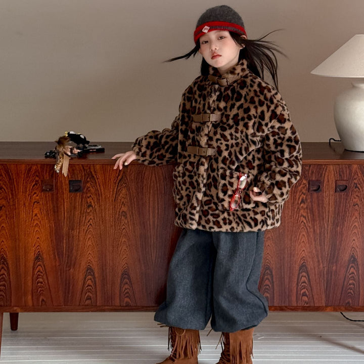 【100-150】レオパード柄スタンドカラーショートコート