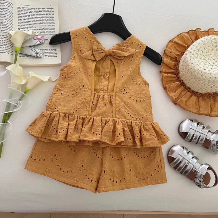 【90-150】帽子付きバックリボントップス×ショートパンツセット
