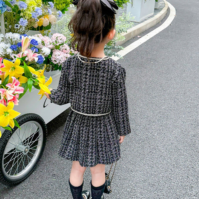 【90-140】ツイード風ジャケット×長袖ワンピースセット