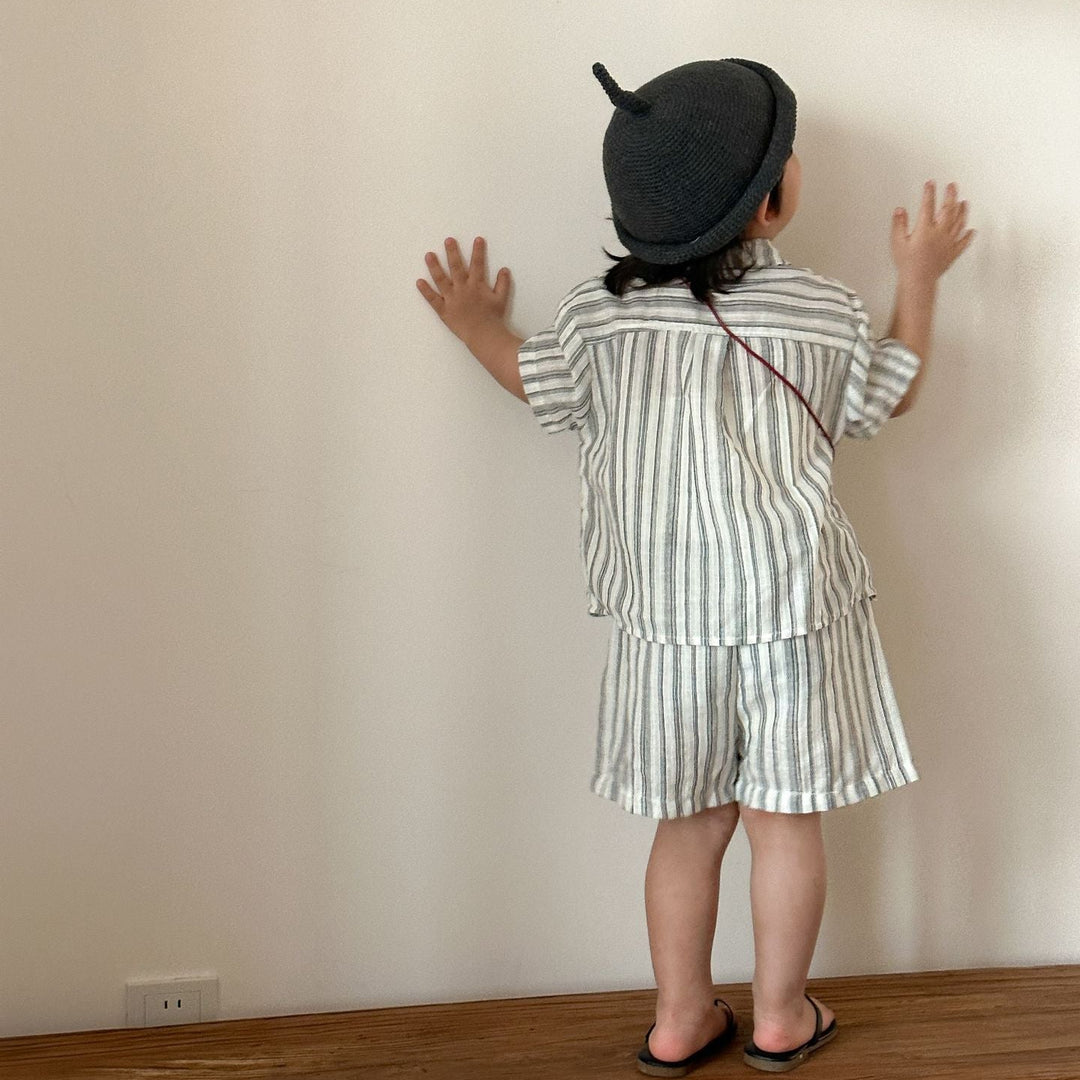 【80-150】ストライプデザイン半袖セットアップ