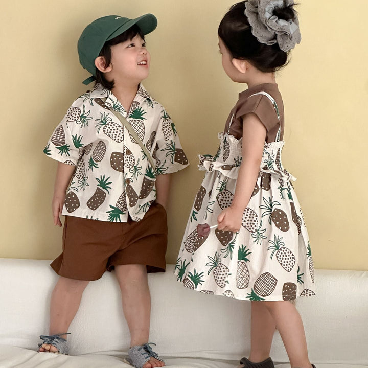 【80-150】パイナップル柄シャツ×ハーフパンツセット