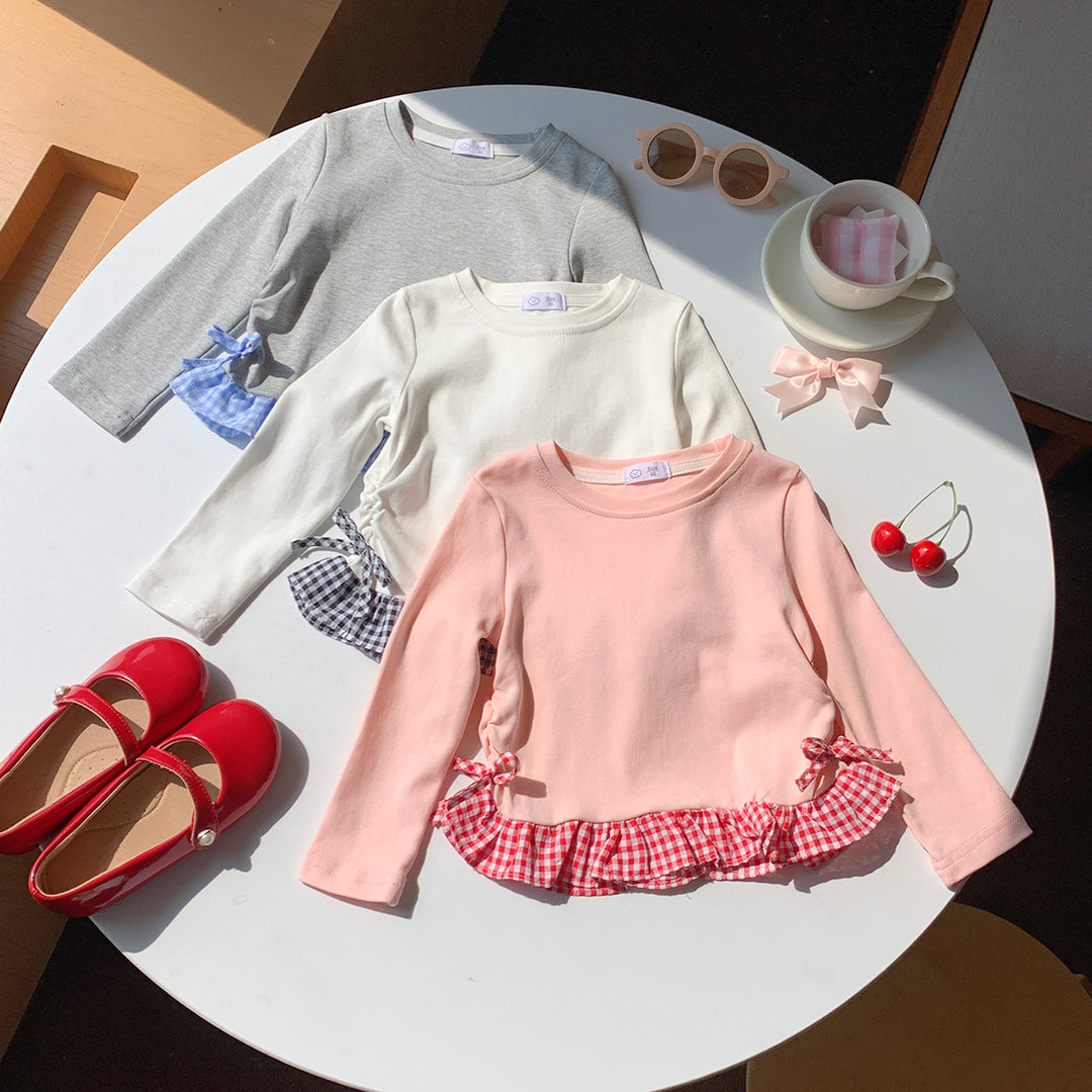 【90-140】チェックフリルヘム長袖トップス