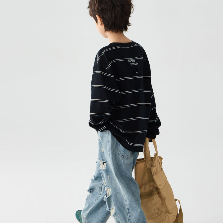【100-150】ボーダーデザインロングTシャツ