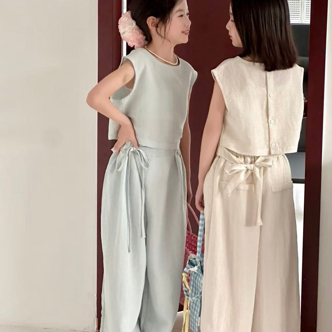 【90-140】バックボタントップス×リボンロングパンツセット