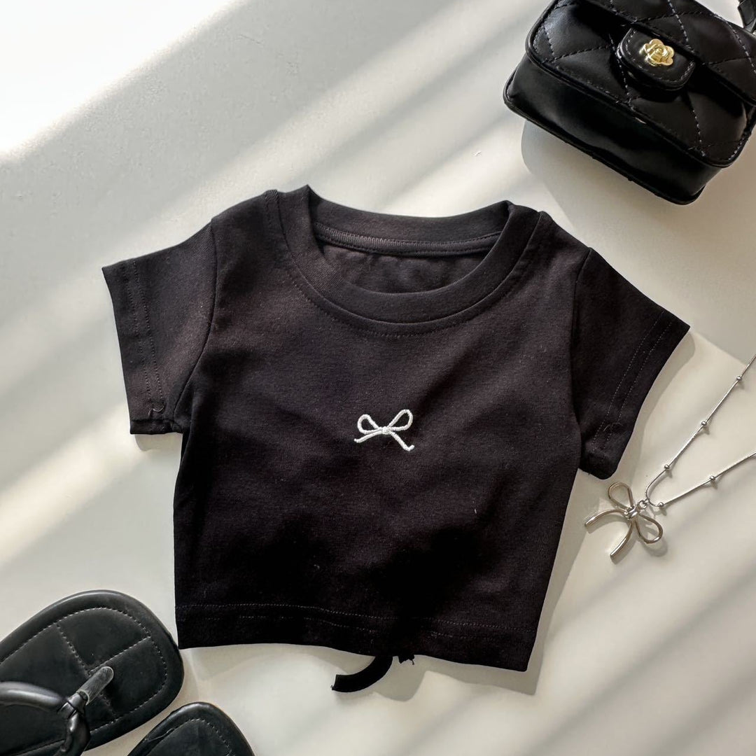 【90-140】フロントリボンバックオープンTシャツ
