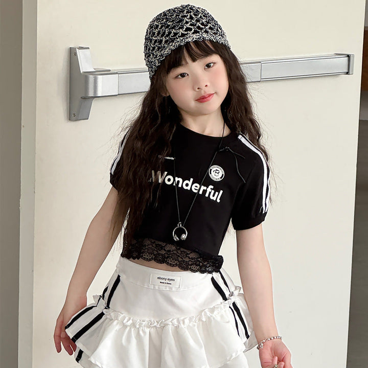 【100-150】レースヘムショート丈Tシャツ
