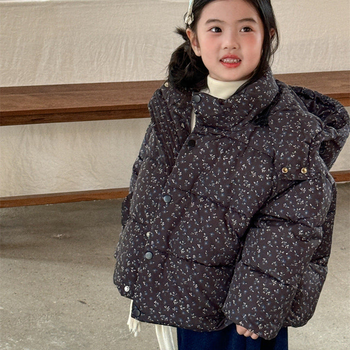 【90-140】フード付き小花柄中綿ジャケット