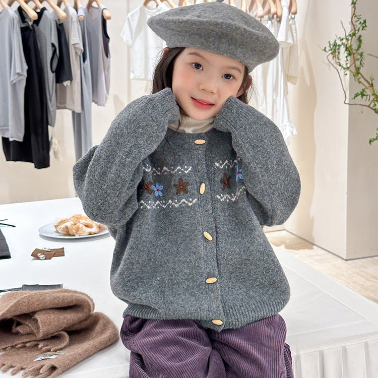 【90-150】花柄＆ボタンデザインカーディガン