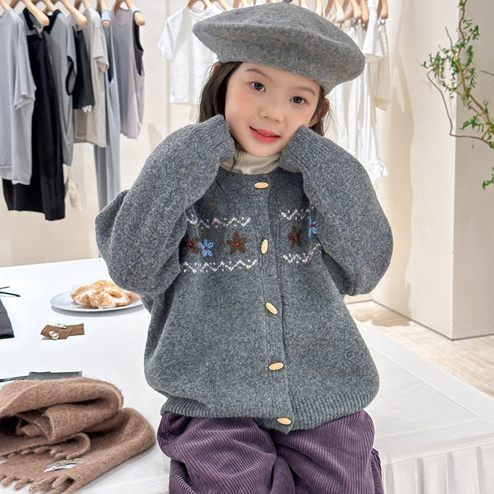 【90-150】花柄＆ボタンデザインカーディガン