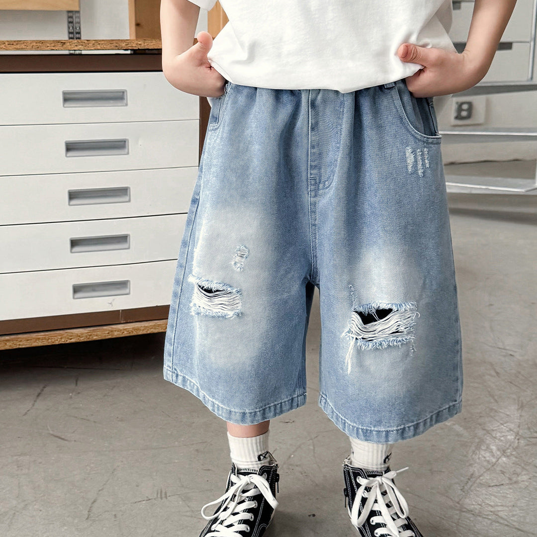 【90-150】ダメージ加工ミドル丈デニムパンツ