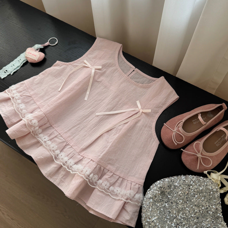 【90-140】レース＆リボンデザインノースリーブシャツ