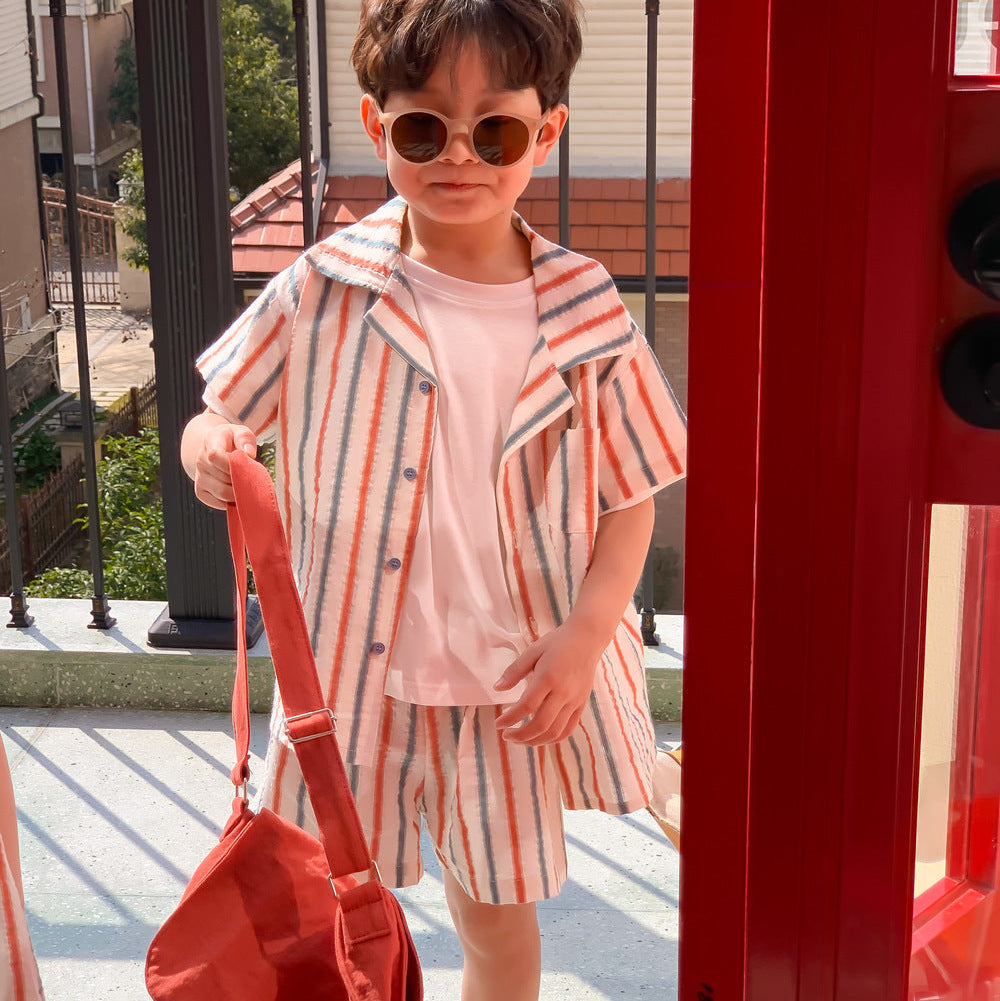 【80-140】マルチストライプ半袖セットアップ