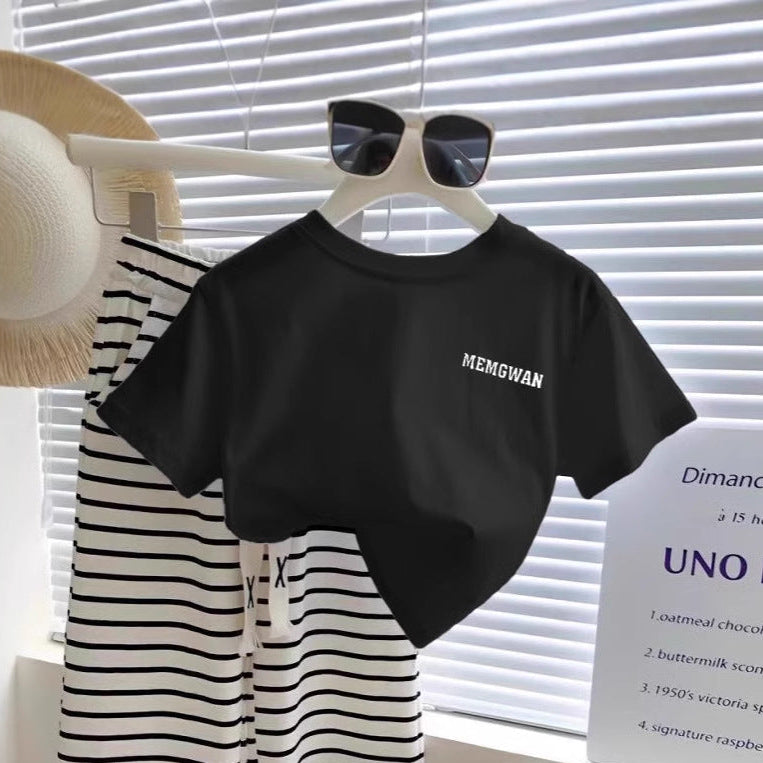 【90-140】シンプルTシャツ×ボーダー柄ワイドパンツセット