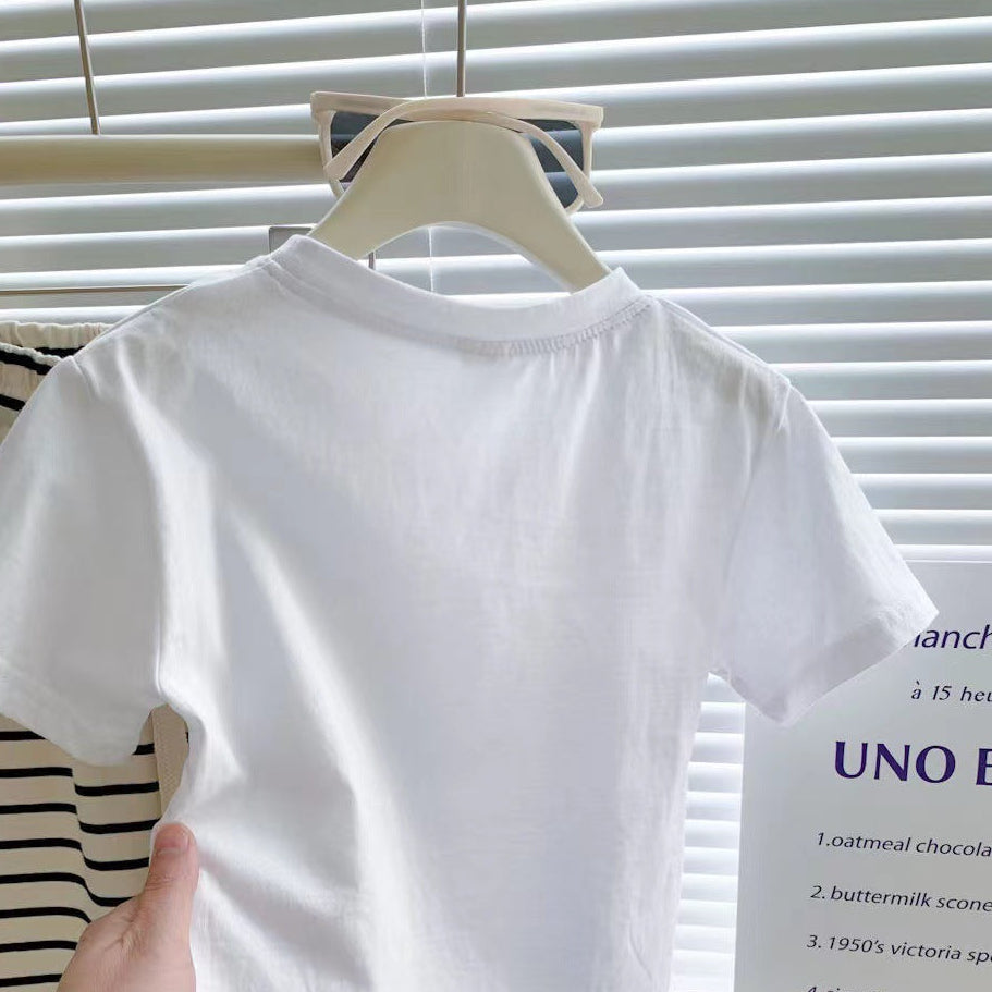 【90-140】シンプルTシャツ×ボーダー柄ワイドパンツセット