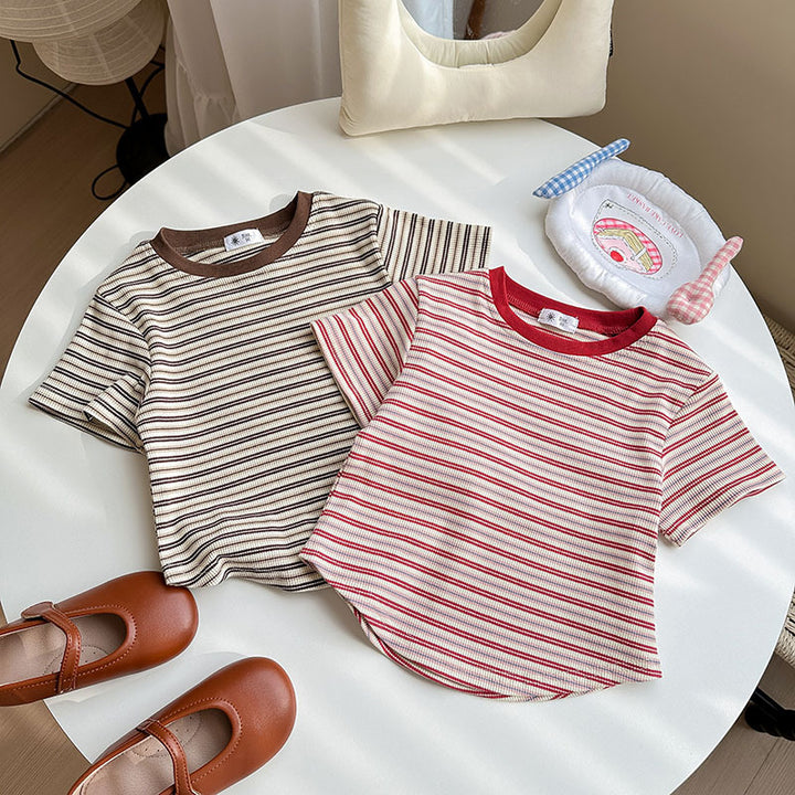 【90-140】マルチカラーシンプルボーダーTシャツ