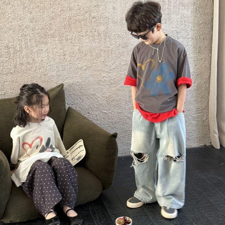 【90-150】ハート＆フラワーTシャツ