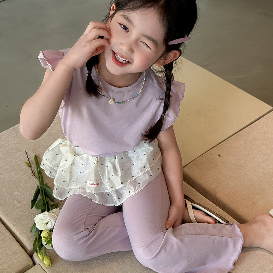 【90-140】ショルダーフリルノースリーブ×フレアパンツセット