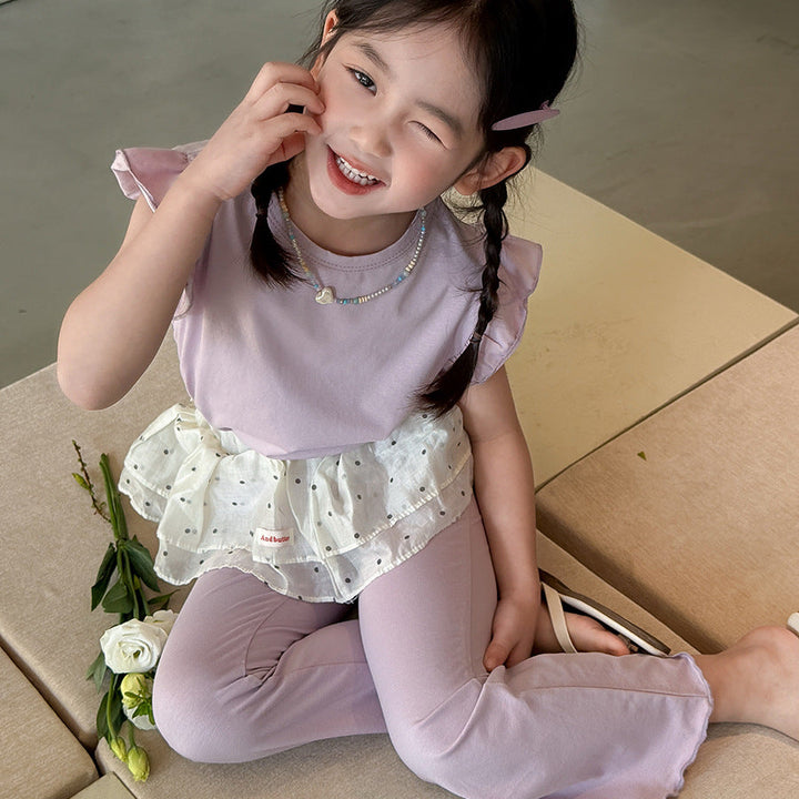 【90-140】ショルダーフリルノースリーブ×フレアパンツセット