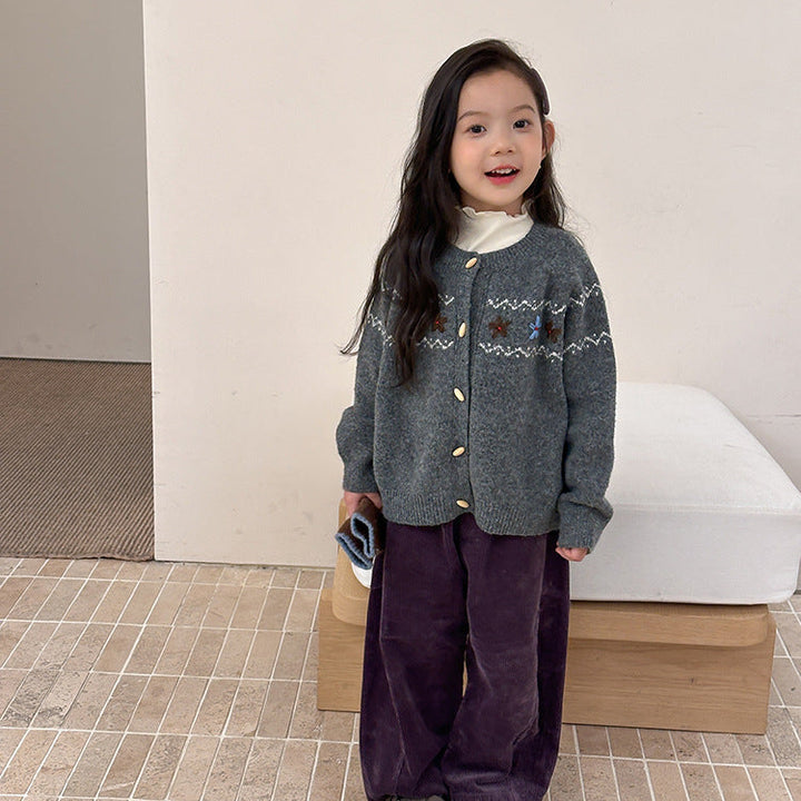 【90-150】花柄＆ボタンデザインカーディガン