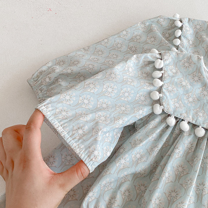 【73-90】ミニポンポンデザイン長袖ロンパース