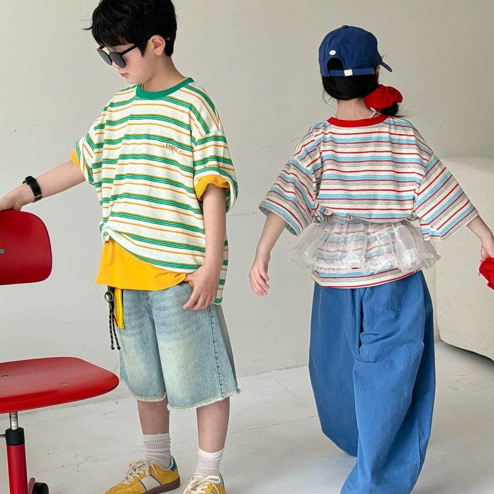 【100-150】ボーダー柄カジュアルTシャツ