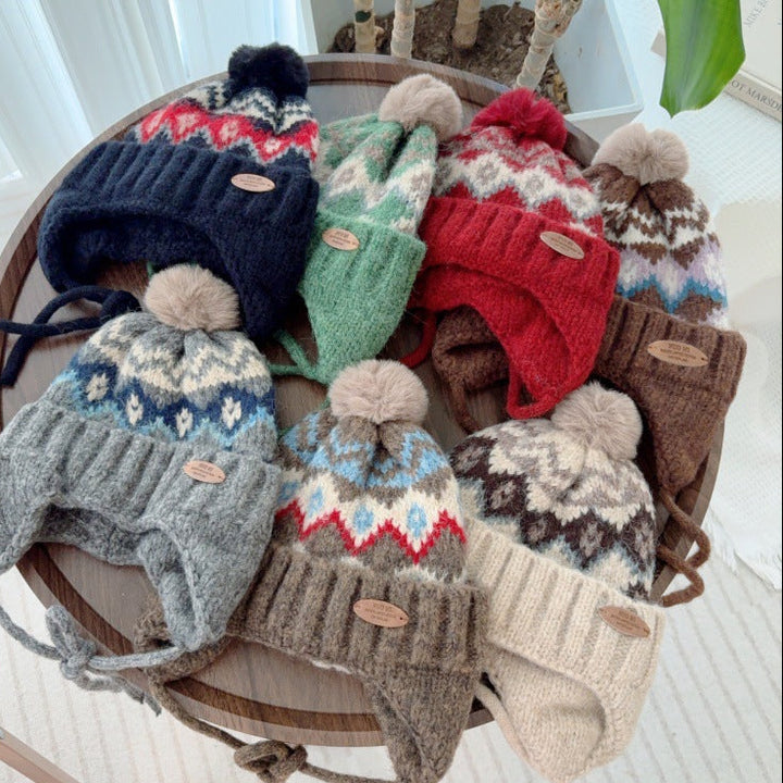 【48-52cm】ポンポン付きフェアアイル柄ニット帽