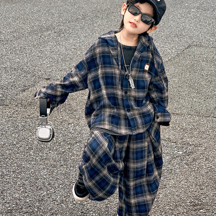 【90-140】フード付きチェック柄シャツ×カジュアルパンツセット