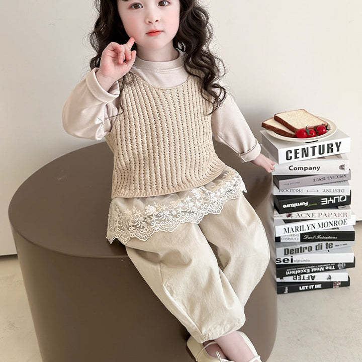 【90-140】レースヘムトップス×ベスト×ロングパンツセット