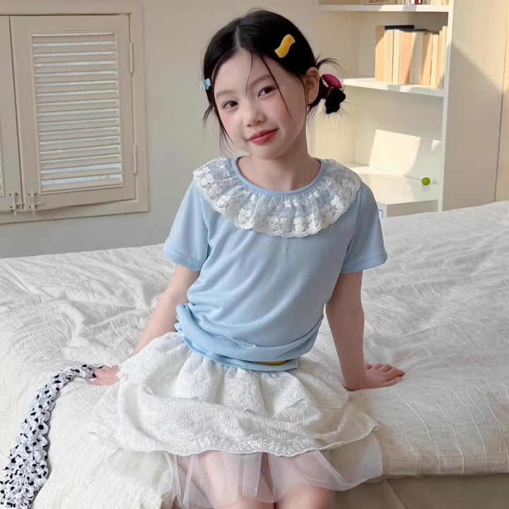 【100-150】レースラッフルカラーTシャツ