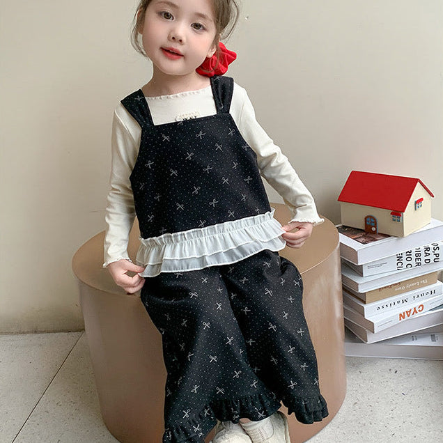 【90-140】トップス×リボン柄フリルデザインセットアップ