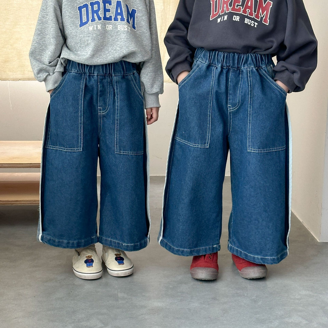 【80-150】ラインデザインワイドデニムパンツ
