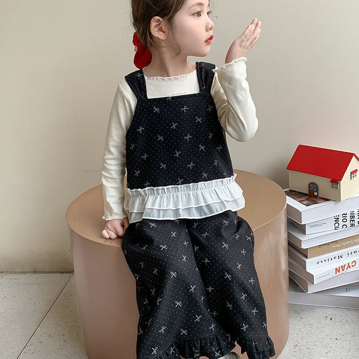 【90-140】トップス×リボン柄フリルデザインセットアップ