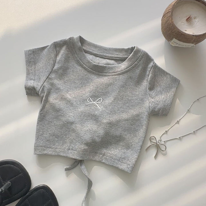 【90-140】フロントリボンバックオープンTシャツ