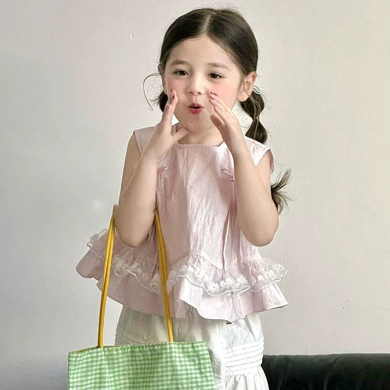 【90-140】レース＆リボンデザインノースリーブシャツ