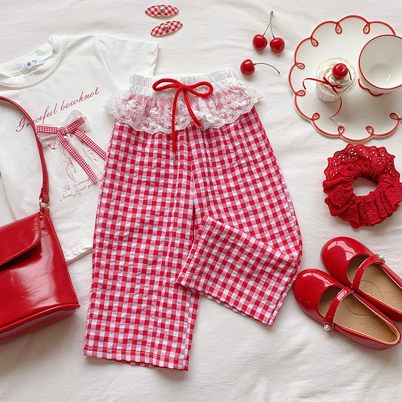 【90-150】ウエストレースギンガムチェックパンツ