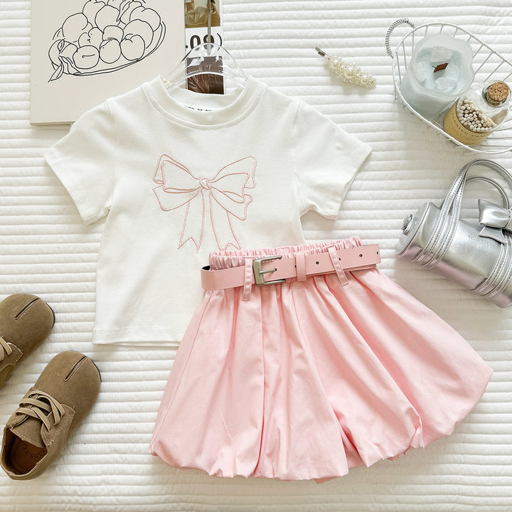 【90-140】フロントリボンTシャツ×ショートパンツセット