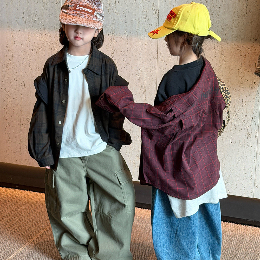 【90-150】バックロゴチェック柄シャツ