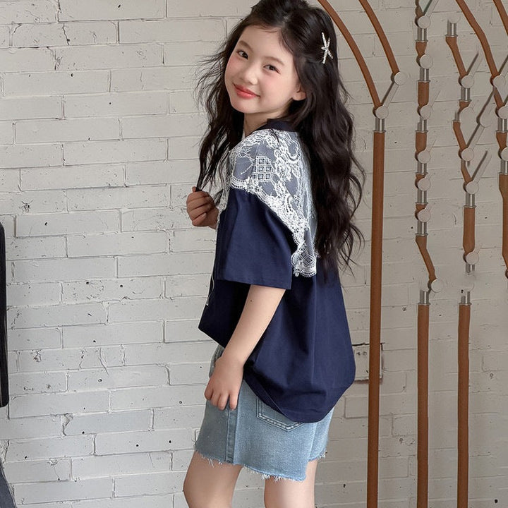 【120-150】レース＆リボンデザインTシャツ