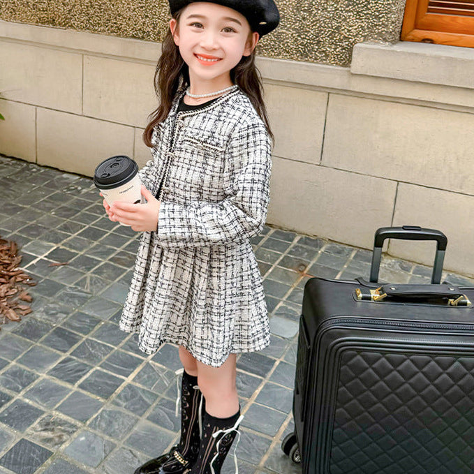 【90-140】ツイード風ジャケット×長袖ワンピースセット