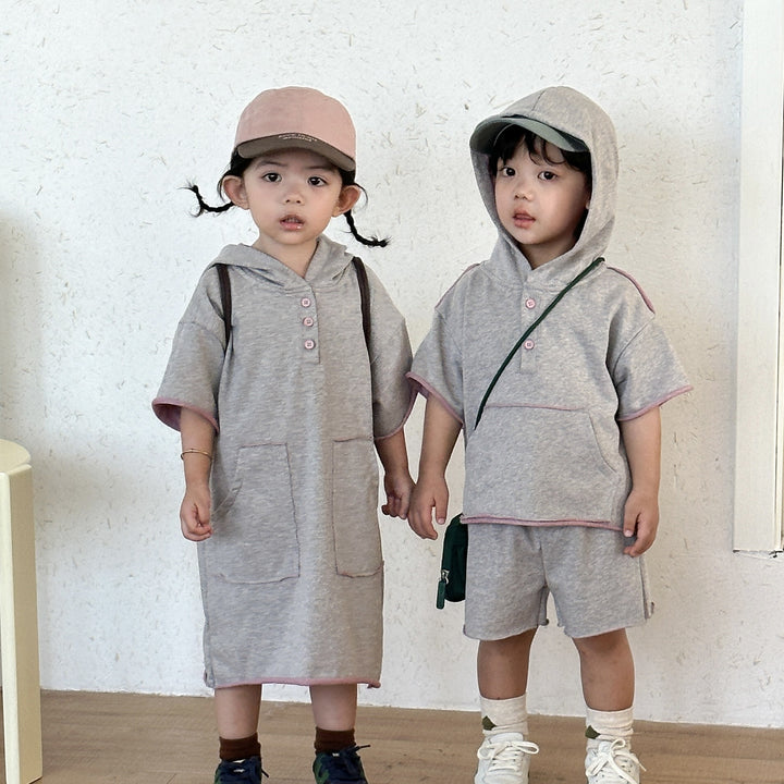 【80-150】ハーフボタンフーディートップス×ハーフパンツセット