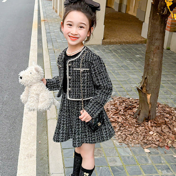 【90-140】ツイード風ジャケット×長袖ワンピースセット