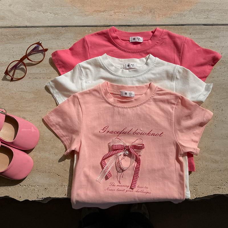 【90-150】レース＆チェック柄リボンTシャツ