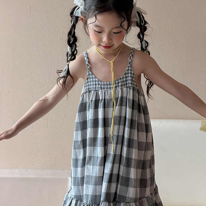 【90-150】フリルヘムギンガムチェックキャミワンピース