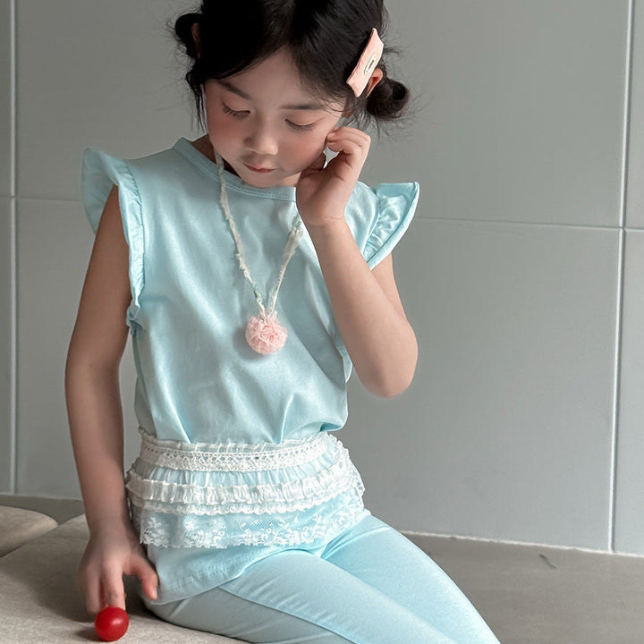 【90-140】ショルダーフリルノースリーブ×フレアパンツセット