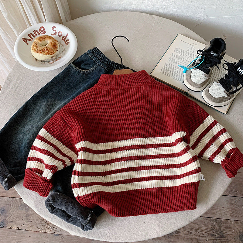 【90-150】ハーフジップパネルボーダーニット